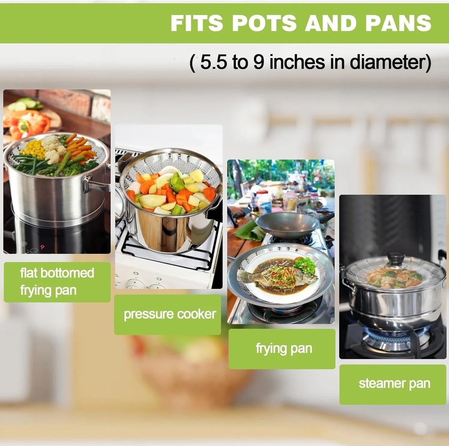 Stainless Steel Folding Vegetable Steamer Basket for Pots 5.5in to 9.2in